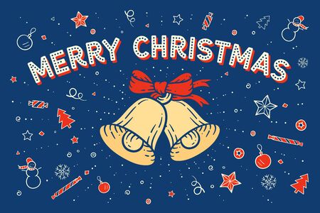 Merry Christmas. Greeting card with bell and text Merry Christmas on happy colorful pattern and background. Christmas theme for banner, poster, post card, web and graphic design. Vector Illustrationのイラスト素材
