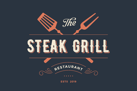 Label of Steak Grill restaurant with grill fork, text Steak Grill, Restaurant. Graphic template for meat business - restaurant, bar, cafe, food court, design - menu, poster, label.のイラスト素材