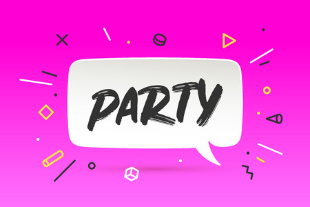 Banner Party. Speech bubble, poster and sticker concept in geometric memphis style with text PARTY Icon message party for banner, poster. Design for speech, message, social network. Vector Illustrationのイラスト素材