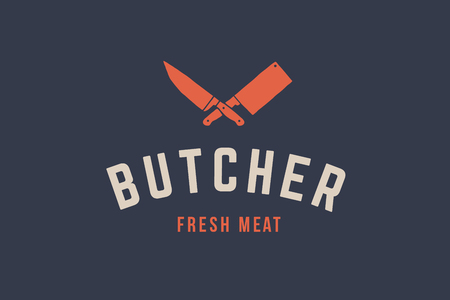 Logo for Butchery meat shop with Knives silhouette - Cleaver and Chef Knives, text Butchery, Fresh Meat. Label, emblem, logo template for meat business - farmer shop, market. Vector Illustrationのイラスト素材