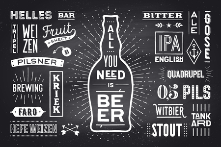 Beer. Poster or banner with text All You Need Is Beer and names types of beer. Colorful graphic design for print, web or advertising. Poster for bar, pub, restaurant, beer theme. Vector Illustrationのイラスト素材
