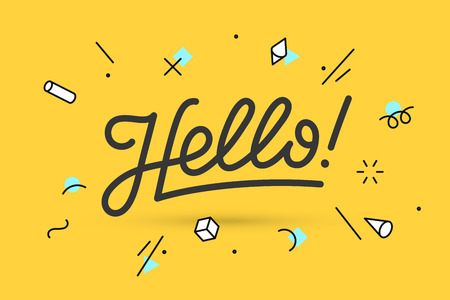 Hello. Lettering for banner, poster and sticker concept with text Hello. Icon message Hello on white background, geometric memphis style. Calligraphic simple logo. Vector Illustrationのイラスト素材