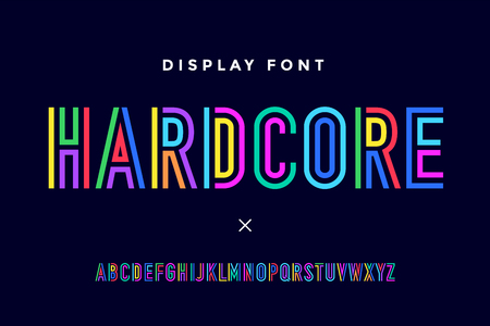 Line condensed alphabet and font. Colorful uppercase outline letters. Type, typography letter line font in coloured rainbow style. Hand-drawn modern narrow sans serif line font for headline. Vector Illustrationのイラスト素材