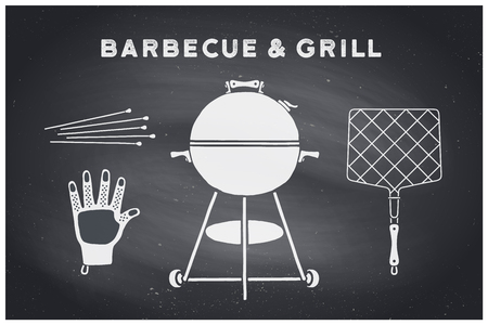 Barbecue, grill set. Poster bbq diagram and scheme - barbecue grill tools. Set of bbq stuff, Webber Grill, tools for steak house, restaurant. Black chalkboard, hand drawn, chalk. Vector illustrationのイラスト素材