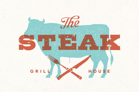 Steak, cow. Vintage logo, retro print, poster for Butchery meat shop with text, typography Steak, Grill House, cow silhouette. Logo template for steak, meat business, meat shop. Vector Illustrationのイラスト素材