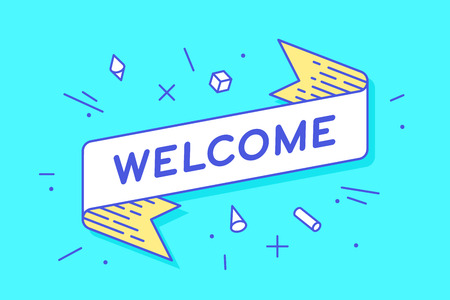 Welcome. Vintage ribbon banner and drawing in line style with text welcome. Hand drawn design in trendy style for hello, welcome theme. Greeting card, banner and poster. Vector Illustrationのイラスト素材