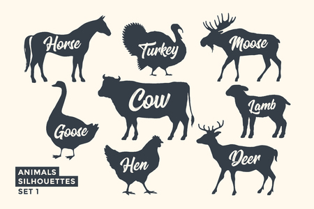 Animals silhouette set. Black-white silhouette of animals with lettering names. Design template for grocery, butchery, packaging, meat store. Farm and wild animals theme. Vector Illustrationのイラスト素材