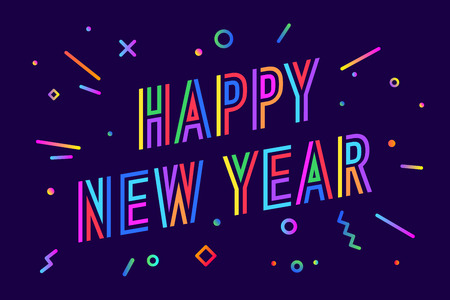 Happy New Year. Greeting card with inscription Happy New Year. Memphis geometric bright colorful style for Happy New Year or Merry Christmas. Holiday background, greeting card. Vector Illustrationのイラスト素材