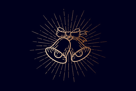 Christmas bells. Golden sign jingle bells with light rays vintage retro graphic in engraving retro style. Icon jingle bells for Happy New Year or Merry Christmas design, banner. Vector Illustrationのイラスト素材