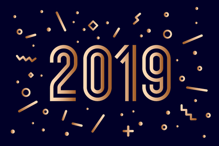 2019, Happy New Year, gold. Greeting card with golden year 2019. Memphis geometric gold style for Happy New Year or Merry Christmas. Background, banner, poster, web. Vector Illustrationのイラスト素材