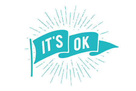 Flag it is OK. Old school flag banner with text it is ok, okay. Ribbon flag in vintage style with linear drawing light rays, sunburst, rays of sun, text ok. Hand drawn design. Vector Illustrationのイラスト素材