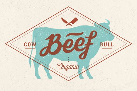 Cow, bull, beef. Vintage lettering, retro print, poster for Butchery meat shop, cow silhouette with lettering text Beef. Isolated black silhouette cow for meat business, meat shop. Vector Illustrationのイラスト素材