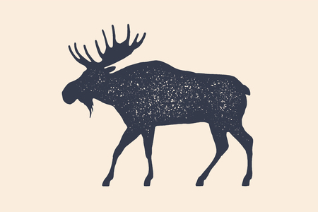 Moose, wild deer. Concept design of farm animals - Moose side view profile. Isolated black silhouette moose or wild deer on white background. Vintage retro print, poster, icon. Vector Illustrationのイラスト素材