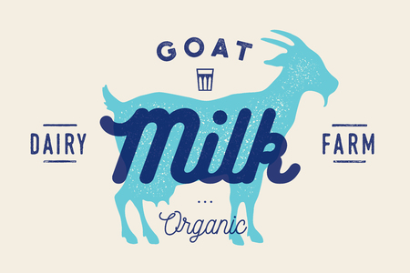 Milk, goat. Logo with goat silhouette, text Milk, Dairy farm, Organic, Natural product. Logo milk goat for dairy and meat business - shop, market. Vintage typography. Vector Illustrationのイラスト素材