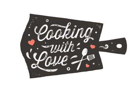 Cooking with Love. Kitchen poster. Kitchen wall decor, sign, quote. Poster for kitchen design with cutting board, calligraphy lettering text Cooking with Love. Vintage typography. Vector Illustrationのイラスト素材