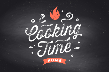 Cooking Time. Kitchen poster. Kitchen wall decor, sign, quote. Poster for kitchen design with calligraphy lettering text Cooking Time on black chalkboard. Vintage typography. Vector Illustrationのイラスト素材