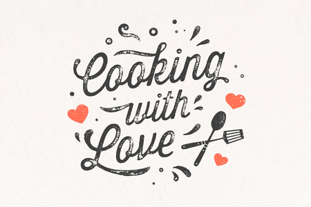 Cooking with Love. Kitchen poster. Kitchen wall decor, sign, quote. Poster for kitchen design, calligraphy lettering text Cooking with Love on white background. Vintage typography. Vector Illustrationのイラスト素材