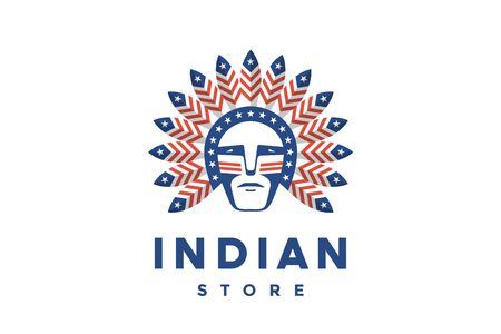 Icon of American man with Indian chief feathers on the head and inscription Idian. Label, logo, brand for indian theme. Symbols and design elements for United States of America. Vector Illustrationのイラスト素材
