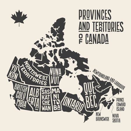 Map Canada. Poster map of provinces and territories of Canada. Black and white print map of Canada for t-shirt, poster or geographic themes. Hand-drawn black map with provinces. Vector Illustrationのイラスト素材