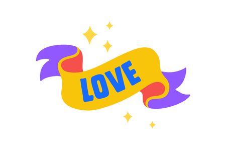 Vintage ribbon. Fun Sticker. Colorful fun sticker - old school vintage retro ribbon, text Love. Design cartoon stickers, pins, badges isolated on white background. Vector Illustrationのイラスト素材
