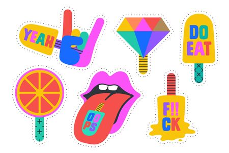 Ice Cream Stickers. Colorful fun stickers for ice cream brand, shop, cafe, ice cream theme. Design cartoon stckers, pins, chic patches, badges isolated on white background. Vector Illustrationのイラスト素材