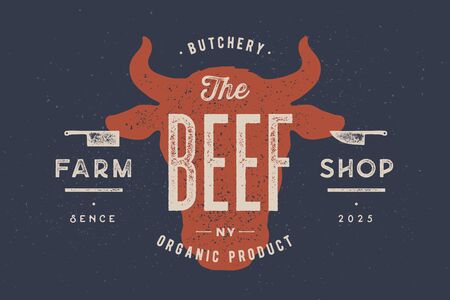Beef, cow, bull. Vintage typography, lettering, retro print, poster for Butchery meat shop, cow head silhouette with lettering text Beef. Isolated silhouette cow head, meat theme. Vector Illustrationのイラスト素材