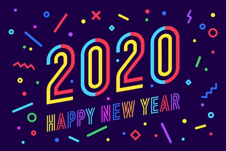 2020, Happy New Year. Greeting card with inscription Happy New Year 2020. Memphis geometric bright style for Happy New Year 2020 or Merry Christmas. Holiday background, poster. Vector Illustrationのイラスト素材