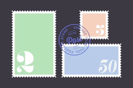 Postage stamp. Set of postage stamp, collection square and rectangular postage stamps, template on dark background. Vector Illustrationのイラスト素材