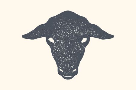 Sheep. Vintage retro print, poster, banner. Black and white silhouette sheep head for Butchery meat shop. Isolated silhouette sheep head, meat theme. Vector Illustrationのイラスト素材