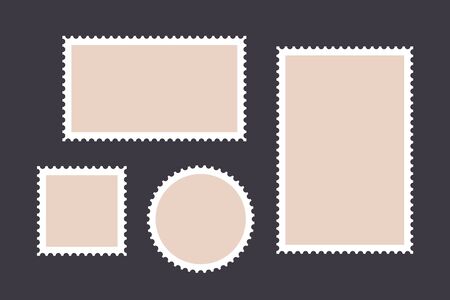 Postage stamp. Set of postage stamp, collection square, circle and rectangular postage stamps, template on dark background. Vector Illustrationのイラスト素材