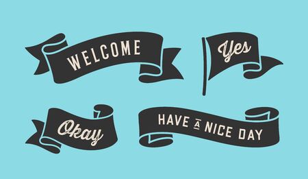 Ribbon Banner. Set of black ribbon banner with text, phrase. Black isolated vintage old school silhouette ribbon with text Welcome, Yes, Okay. Graphic elements for design message. Vector Illustrationのイラスト素材