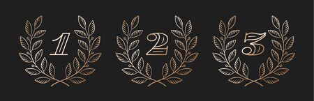 Laurel wreath icon with number 1, 2, 3 isolated on a yellow background. Hand drawn design One, Two, Three and element for tournament, competition, winner, prize and awarding. Vector Illustrationのイラスト素材