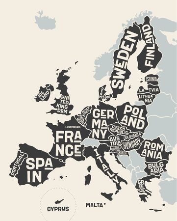 European Union, Europe. Poster map of the European Union with country names. Print map of EU for web and polygraphy on business, economic, political, Brexit and geography themes. Vector Illustrationのイラスト素材