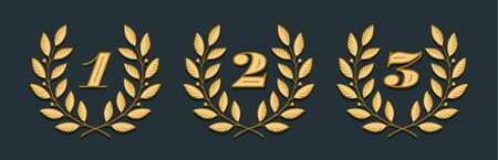 Laurel wreath icon with number 1, 2, 3 isolated on a yellow background. Hand drawn design One, Two,...