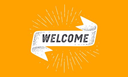 Flag Welcome. Old school flag banner with text Welcome. Ribbon flag in vintage style with linear drawing light rays, sunburst and rays of sun, text welcome. Hand drawn design. Vector Illustrationのイラスト素材