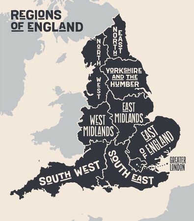 Map England. Poster map of regions of England. Black and white print map of England for t-shirt, poster, print. Hand-drawn graphic map with regions. Vector Illustrationのイラスト素材