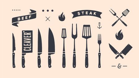 Vintage graphic set. Set of vintage banner, ribbon, cutting knive, text, old school graphic elements, food tools. Design elements for restaurant, bar, cafe, food shop and market. Vector Illustrationのイラスト素材