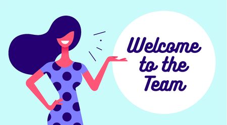 Welcome. Modern flat character. Business office woman with smile, hair, dress speak speech bubble text Welcome. Simple character of businesswoman. Concept in flat graphic. Vector Illustrationのイラスト素材