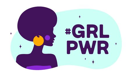 Girl Power. Modern flat character. Silhouette woman speak speech bubble text Girl Power. Simple character woman, person, girl. Woman character, concept in flat color graphic. Vector Illustrationのイラスト素材