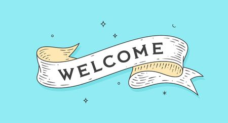 Welcome. Old school vintage ribbon, retro greeting card with ribbon, text Welcome. Old ribbon banner in engraving style. Retro vintage ribbon for banners, posters, web. Vector Illustrationのイラスト素材