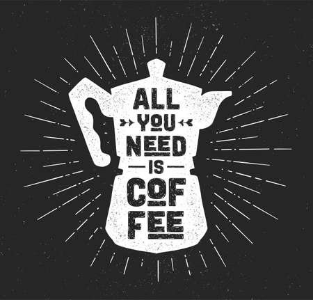 Coffee. Italian coffee pot with text All You Need is Coffee and sunburst line rays. Banner for cafe, restaurant, menu, coffee dreams theme. Colorful contemporary art style. Vector Illustrationのイラスト素材