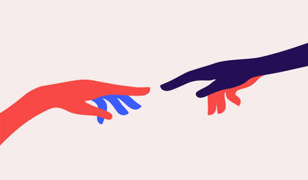 Two hands. The Creation of Adam. Design concept sign Creation of Adam. Silhouette hands of man and god. Modern flat illustration. Colorful contemporary art style. Vector Illustrationのイラスト素材