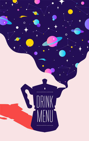 Coffee. Italian coffee pot with universe dreams and text Drink Menu. Modern illustration. Banner for cafe, restaurant, menu, coffee dreams theme. Colorf contemporary art style. Vector Illustrationのイラスト素材
