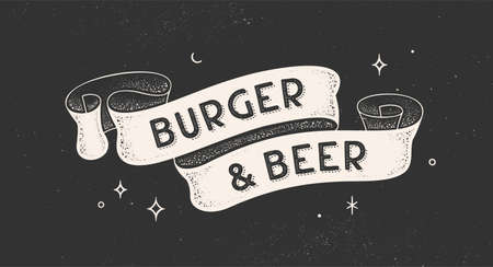 Burger and Beer. Vintage ribbon with text Burger Beer. Black white vintage banner with ribbon, graphic design. Old school hand-drawn element for cafe, bar, restaurant, food menu. Vector Illustrationのイラスト素材