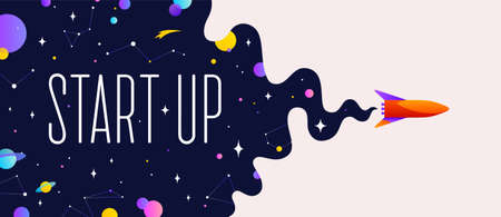 Universe. Motivation banner with universe cloud, dark cosmos, planet, stars and rocket spaceship....