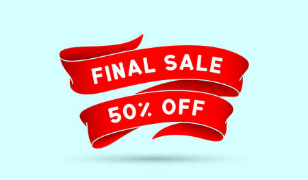 Final Sale 50 percent Off. Red vintage ribbon with text Final Sale. Red vintage banner with ribbon, graphic design. Old school hand-drawn element for final sale, discount. Vector Illustrationのイラスト素材
