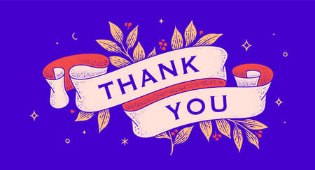 Thank You. Retro greeting card with ribbon and text Thank You. Old ribbon banner in engraving style for Thanksgiving Day. Old school vintage ribbon for greeting card, thank you. Vector Illustrationのイラスト素材