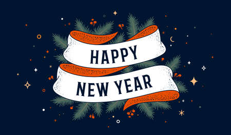 Happy New Year. Greeting card with ribbon and text Happy New Year. Old school vintage ribbon banner in engraving style. Holiday background, poster for Happy New Year. Vector Illustrationのイラスト素材