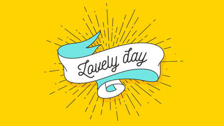 Lovely Day. Vintage ribbon with text Lovely Day. Colorful vintage banner with ribbon and light rays, sunburst. Hand-drawn element for motivation, inspiration. Vector Illustrationのイラスト素材
