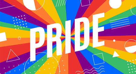Pride, LGBT flag. Poster, banner or Rainbow flag of LGBT. Colorful rainbow lgbt flag for pride. Print for t-shirt of rainbow six colors flag with text Pride on background. Vector Illustrationのイラスト素材